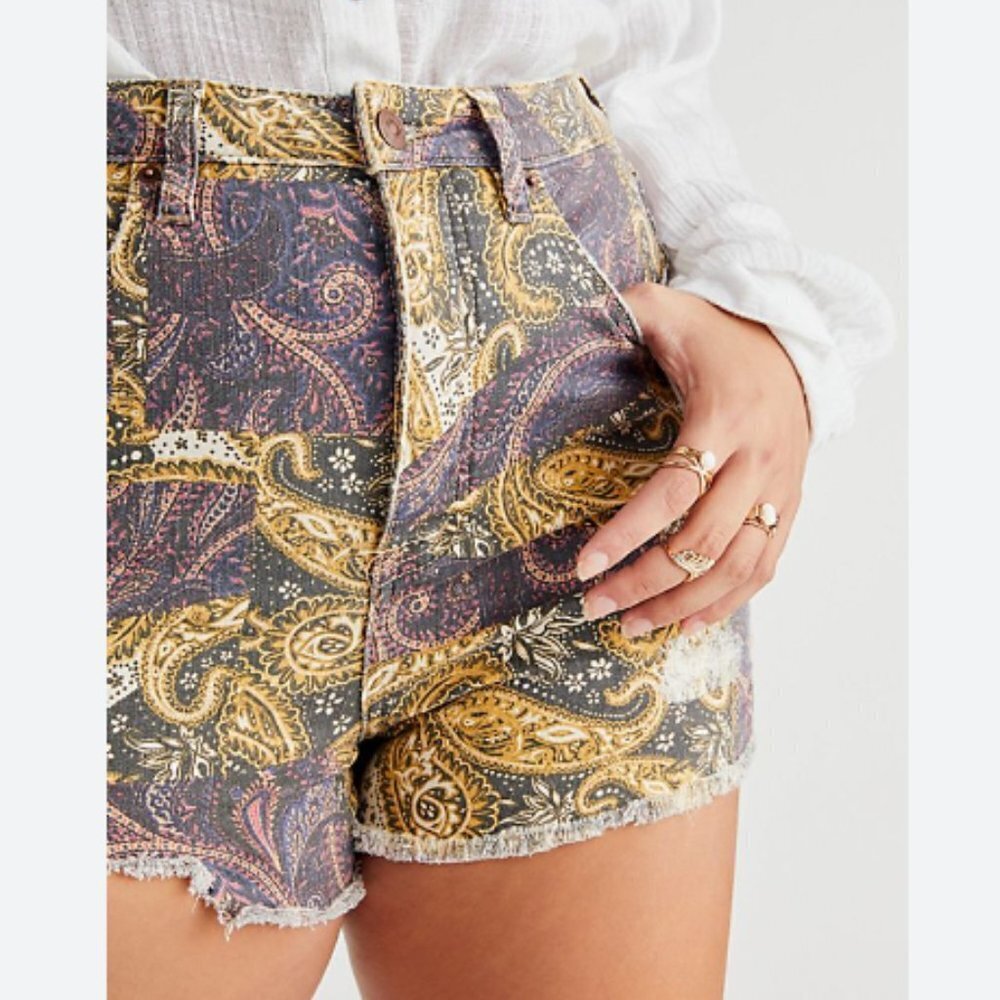 Free People High Waist Paisley Patchwork Shorts in Mustard, Purple, Black